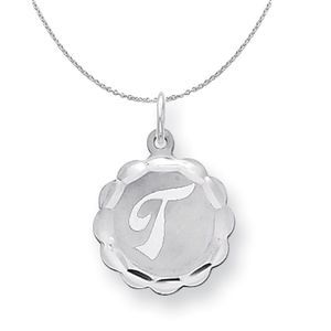 Silver, Sarah Collection 15mm Brocaded Disc Initial T Necklace - 20 In